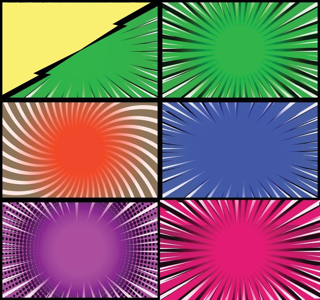 Comic book colorful frames background with halftone rays radial and dotted effects pop art style vector
