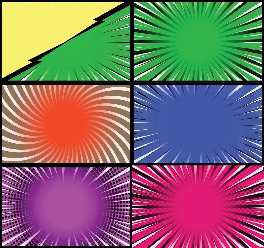 Comic book colorful frames background with halftone rays radial and dotted effects pop art style vector