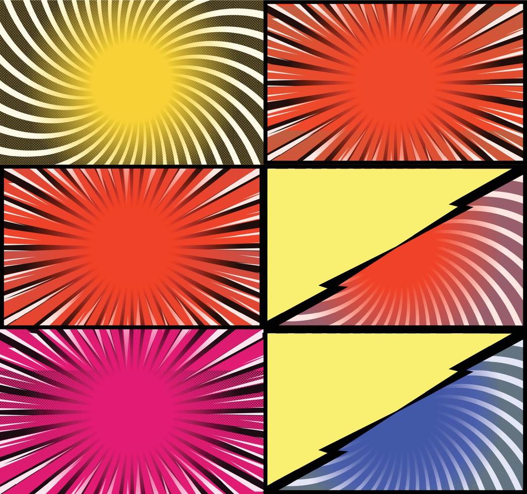 Comic book colorful frames background with halftone rays radial and dotted effects pop art style vector