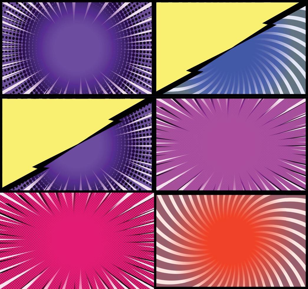 Comic book colorful frames background with halftone rays radial and dotted effects pop art style vector