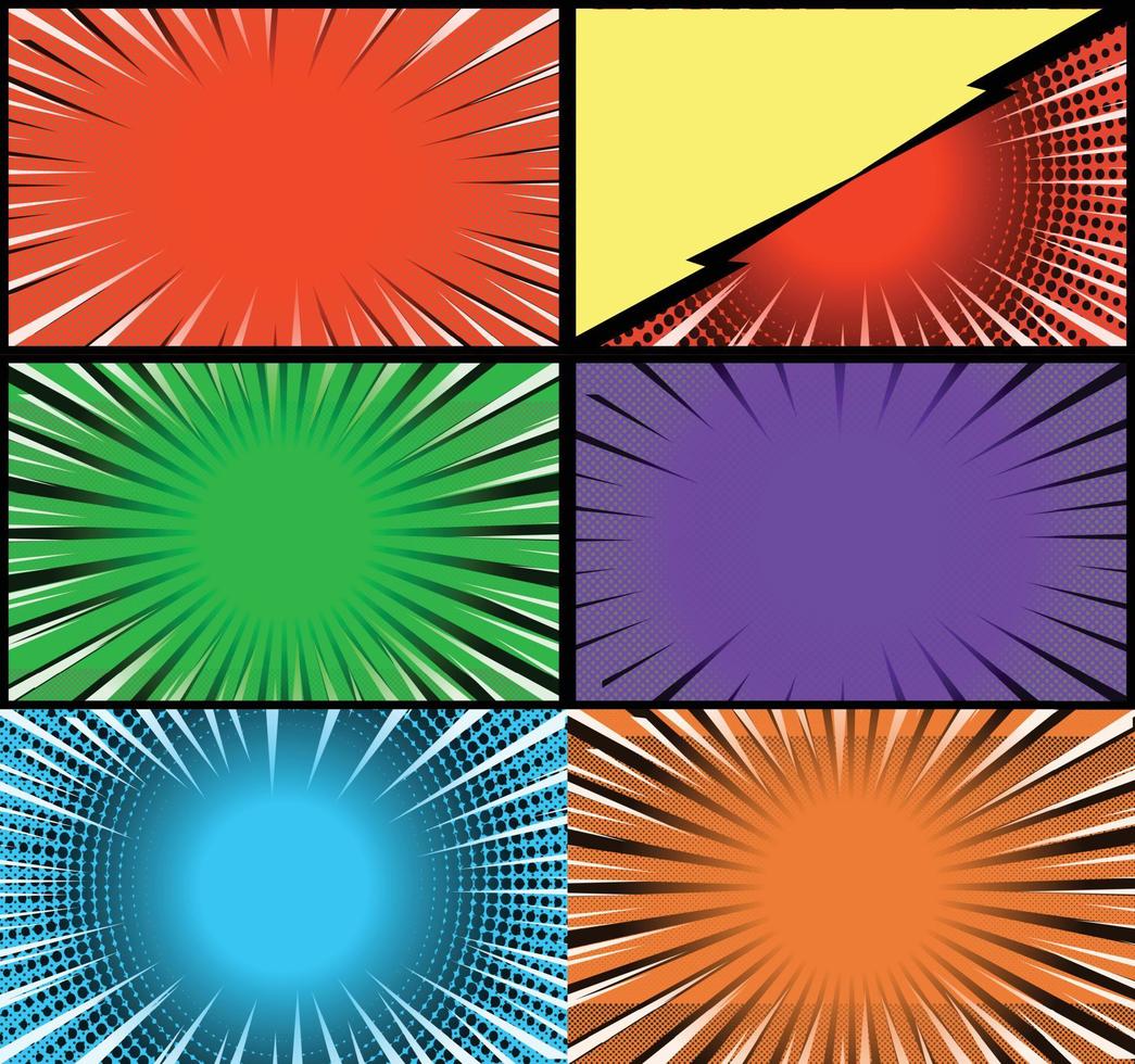 Comic book colorful frames background with halftone rays radial and dotted effects pop art style vector