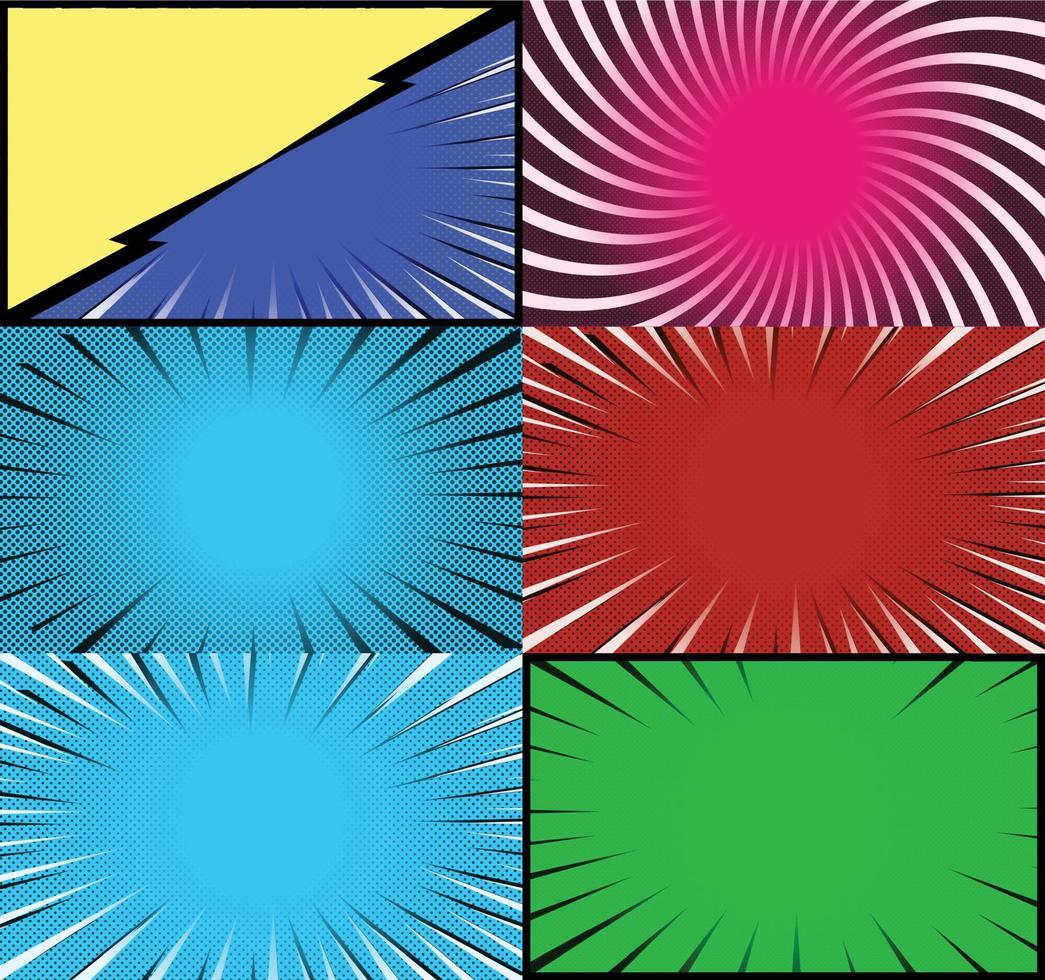 Comic book colorful frames background with halftone rays radial and dotted effects pop art style vector