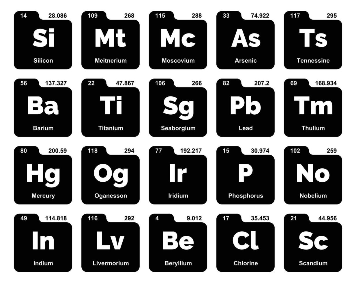 diseño de paquete de iconos de 20 tablas preiodicas de los elementos vector