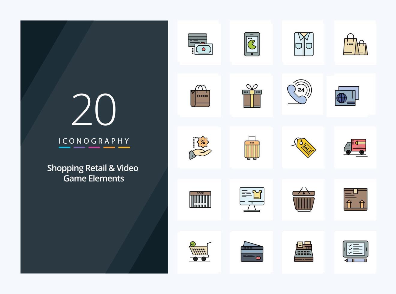 20 compras minoristas y elementos de videojuegos icono lleno de línea para presentación vector
