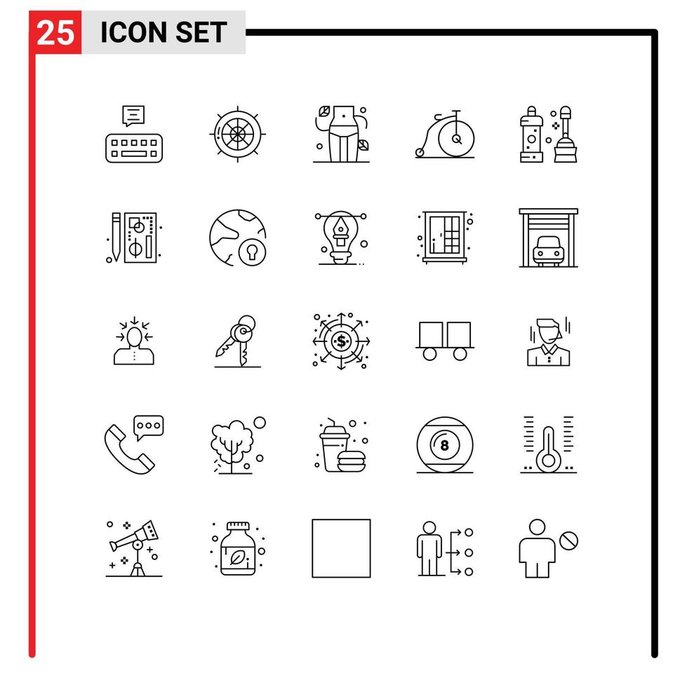Editable Vector Line Pack of 25 Simple Lines of cleaner vehicle diet transportation bike Editable Vector Design Elements