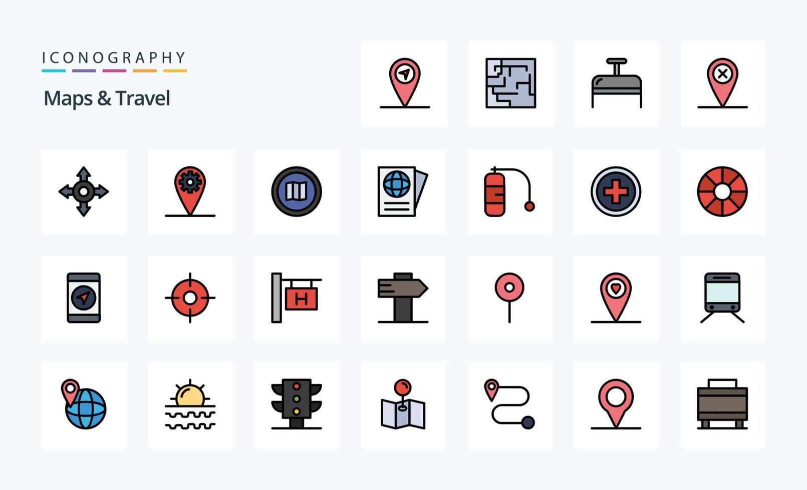 25 Maps  Travel Line Filled Style icon pack vector