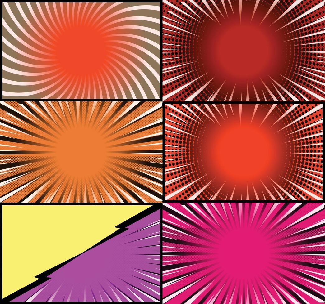 Comic book colorful frames background with halftone rays radial and dotted effects pop art style vector