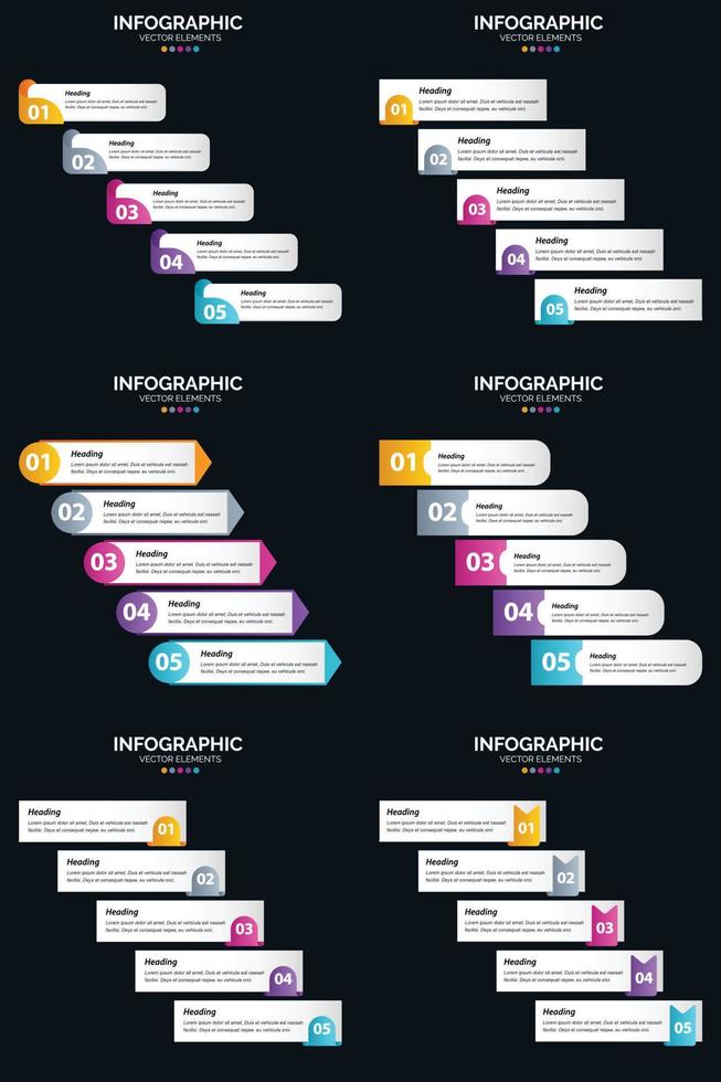 plantilla de diapositiva de presentación del paquete de infografías vectoriales 6 diagramas de ciclo de 5 pasos y líneas de tiempo vector