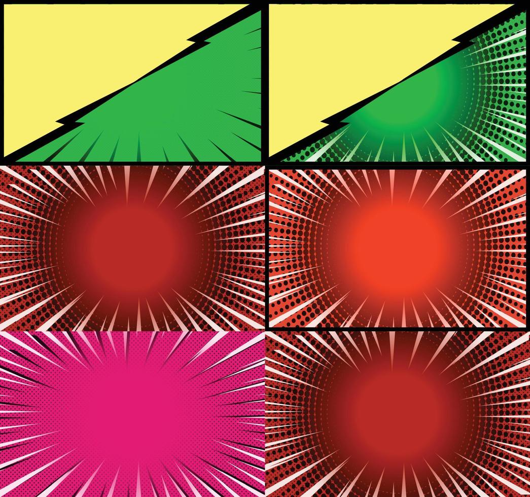 Comic book colorful frames background with halftone rays radial and dotted effects pop art style vector