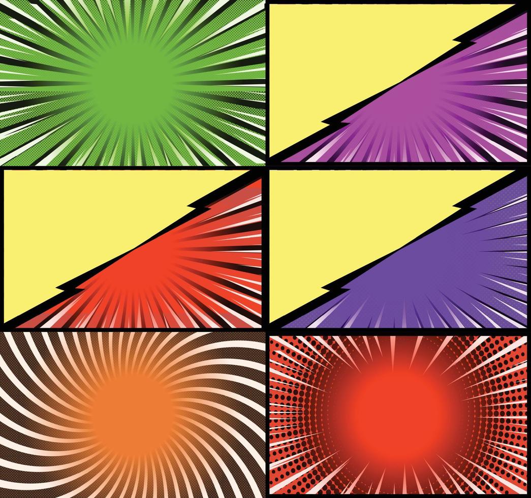 fondo de marcos coloridos de cómic con rayos de medios tonos radiales y efectos punteados estilo pop art vector