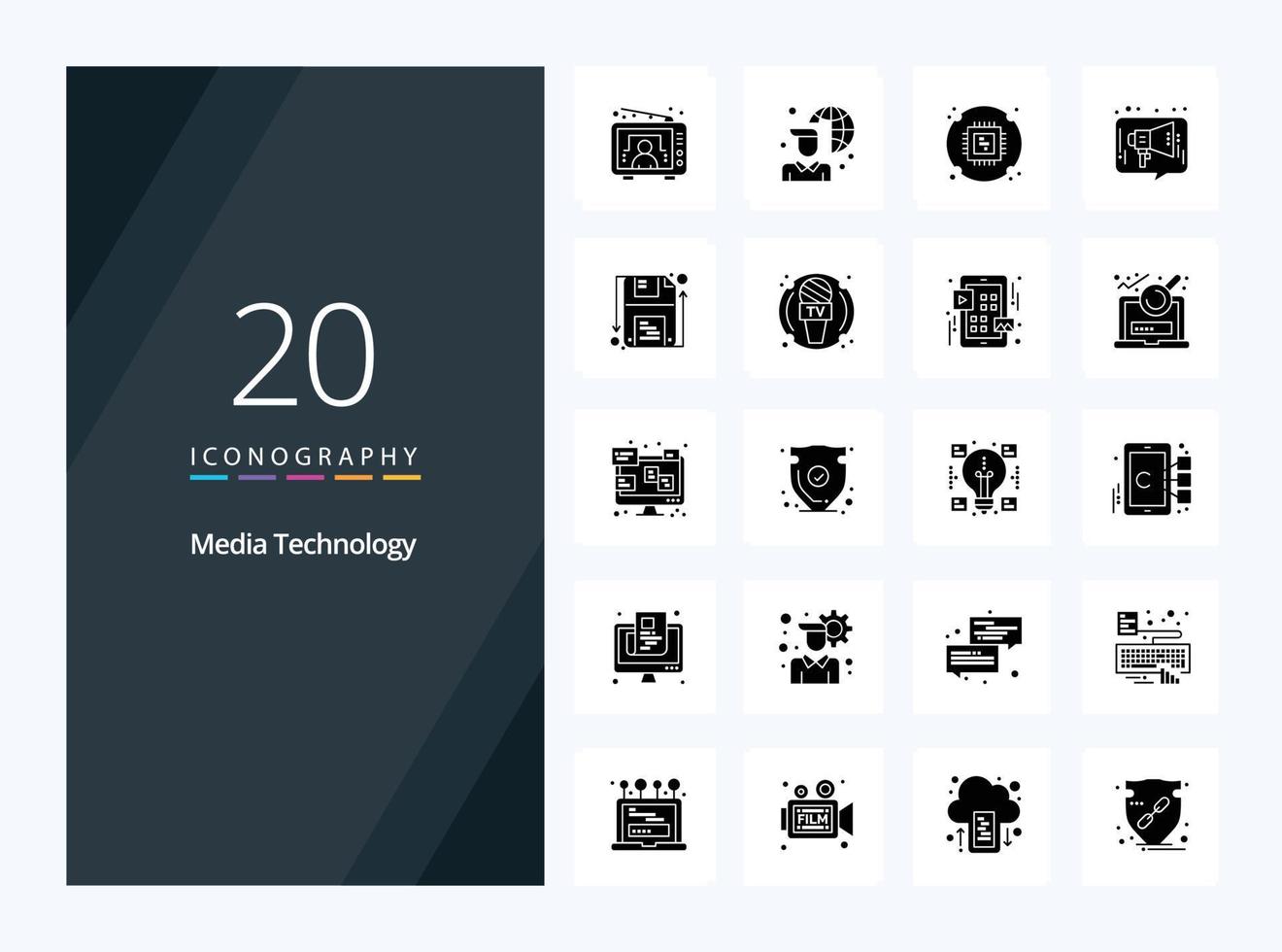 20 Media Technology Solid Glyph icon for presentation vector