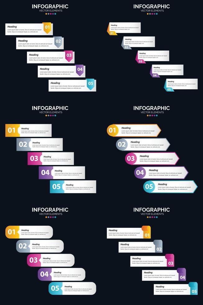 plantilla de diapositiva de presentación del paquete de infografías vectoriales 6 diagramas de ciclo de 5 pasos y líneas de tiempo vector