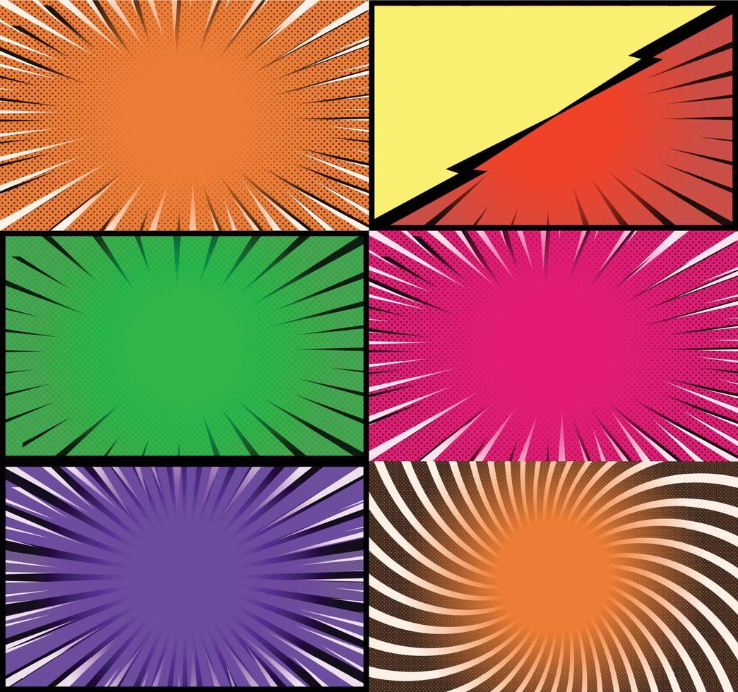 Comic book colorful frames background with halftone rays radial and dotted effects pop art style vector