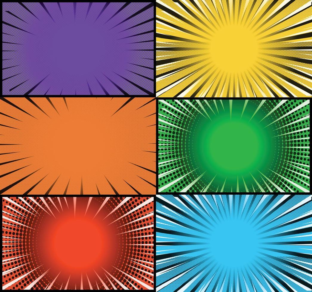 Comic book colorful frames background with halftone rays radial and dotted effects pop art style vector