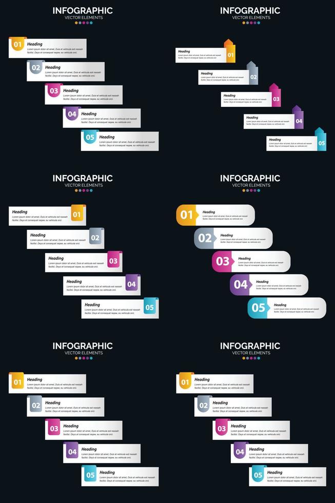 plantilla de diapositiva de presentación del paquete de infografías vectoriales 6 diagramas de ciclo de 5 pasos y líneas de tiempo vector