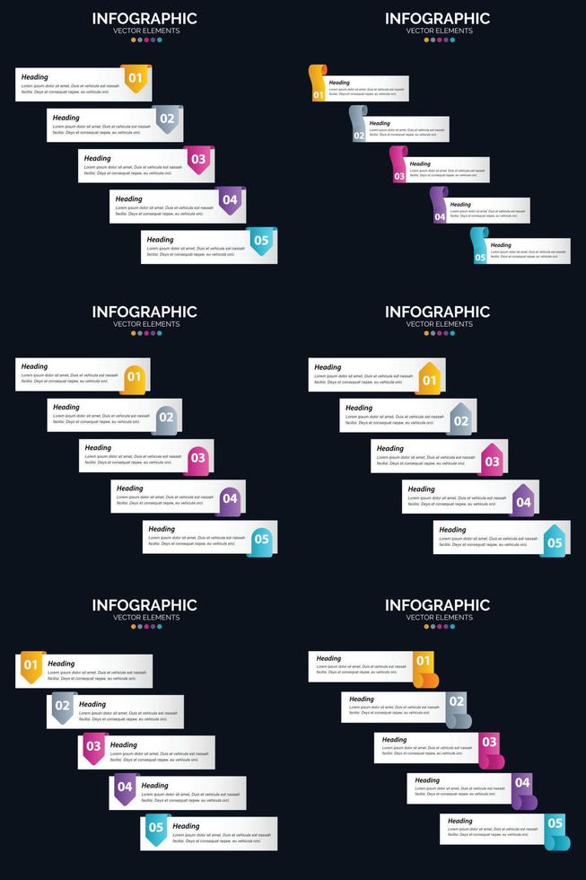 plantilla de diapositiva de presentación del paquete de infografías vectoriales 6 diagramas de ciclo de 5 pasos y líneas de tiempo vector