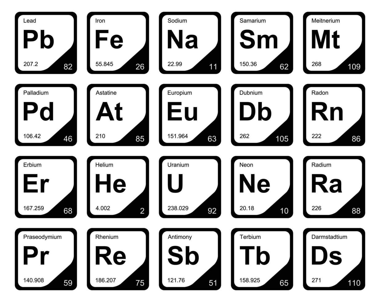 diseño de paquete de iconos de 20 tablas preiodicas de los elementos vector