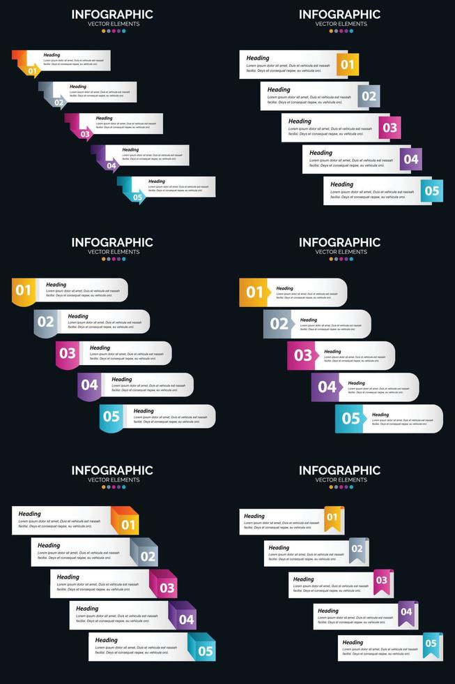 plantilla de diapositiva de presentación del paquete de infografías vectoriales 6 diagramas de ciclo de 5 pasos y líneas de tiempo vector