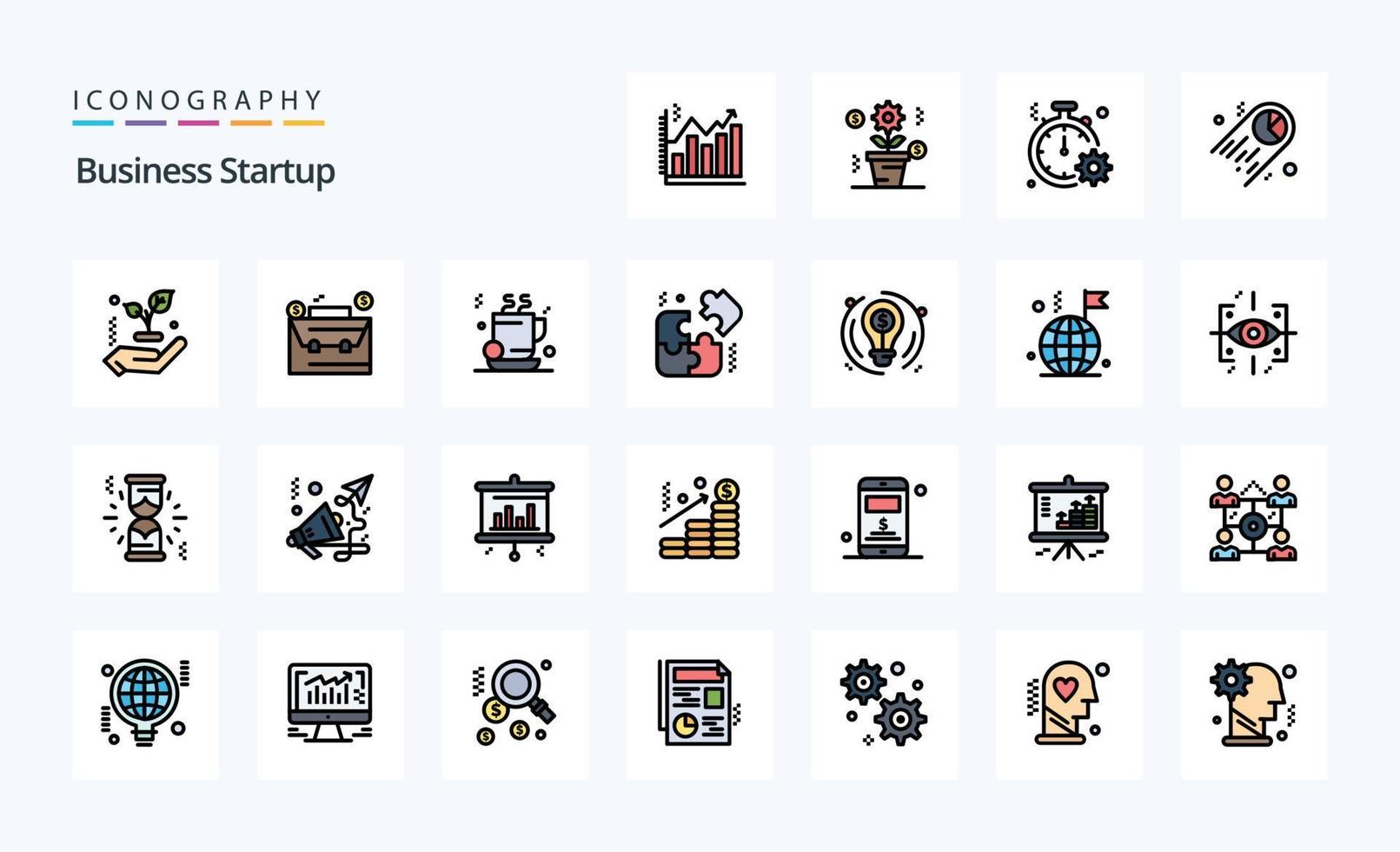 paquete de iconos de estilo lleno de línea de inicio de 25 negocios vector