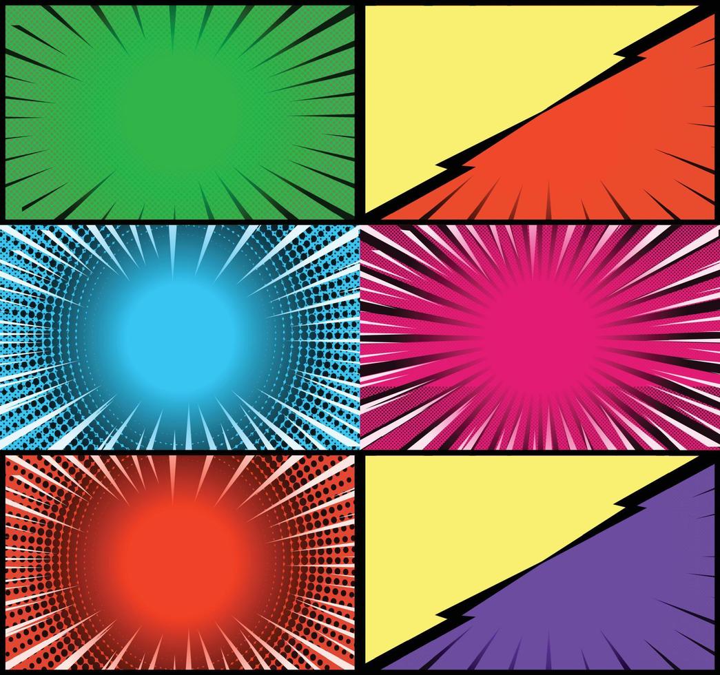 Comic book colorful frames background with halftone rays radial and dotted effects pop art style vector