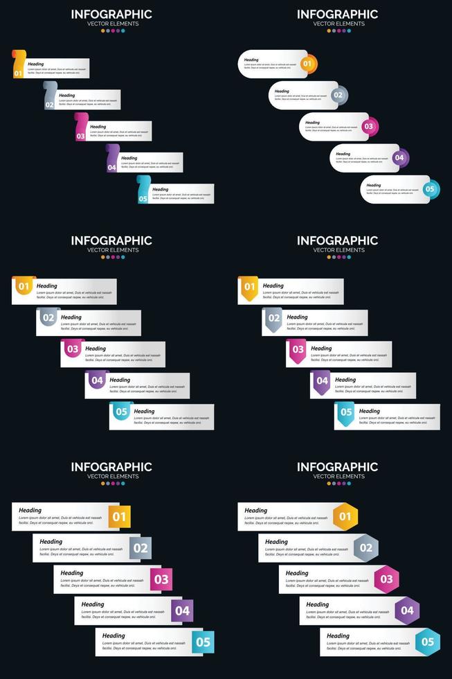 plantilla de diapositiva de presentación del paquete de infografías vectoriales 6 diagramas de ciclo de 5 pasos y líneas de tiempo vector