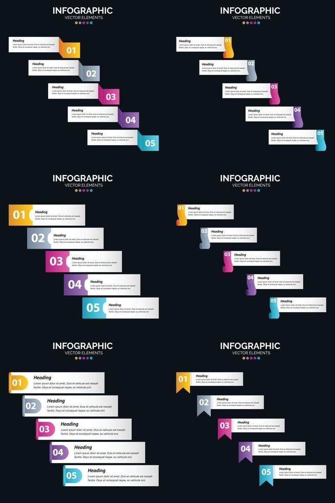 plantilla de diapositiva de presentación del paquete de infografías vectoriales 6 diagramas de ciclo de 5 pasos y líneas de tiempo vector