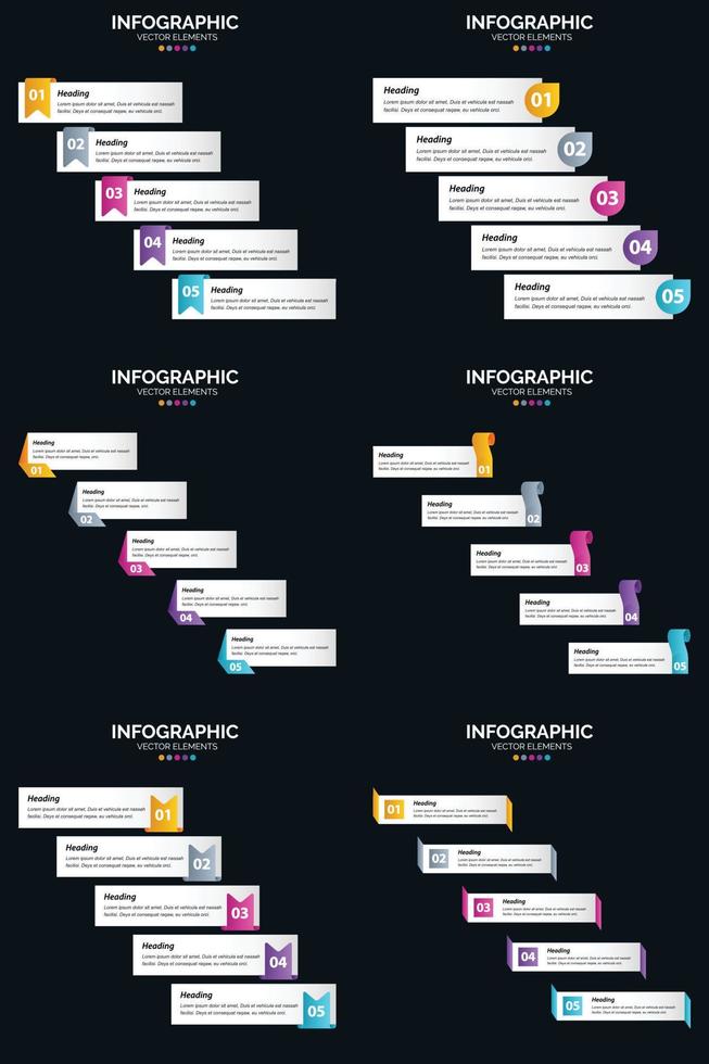 plantilla de diapositiva de presentación del paquete de infografías vectoriales 6 diagramas de ciclo de 5 pasos y líneas de tiempo vector