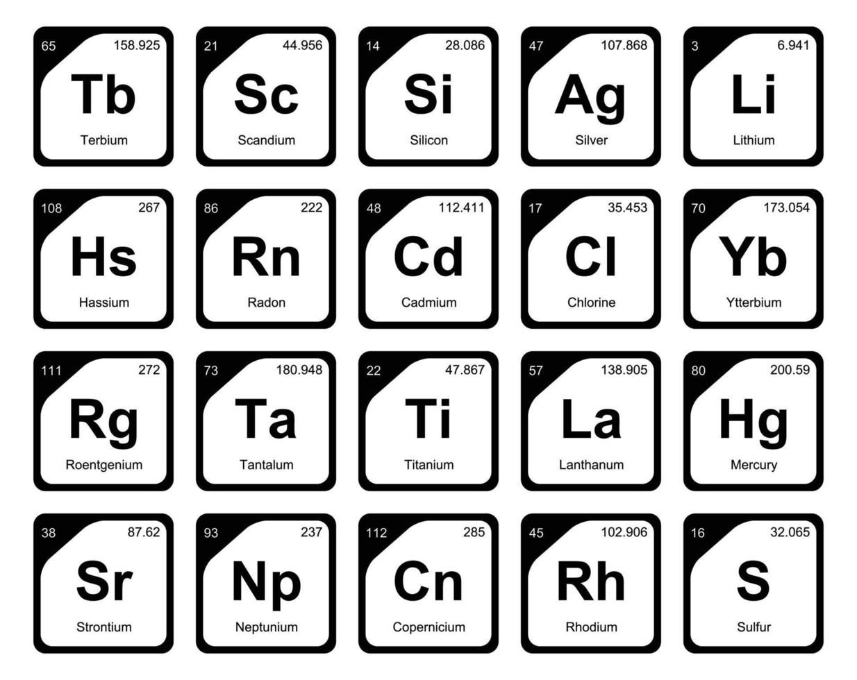 diseño de paquete de iconos de 20 tablas preiodicas de los elementos vector