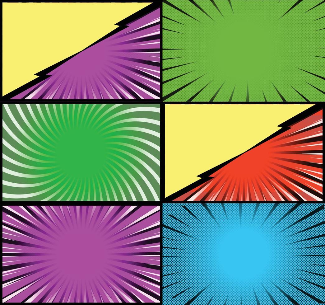 Comic book colorful frames background with halftone rays radial and dotted effects pop art style vector