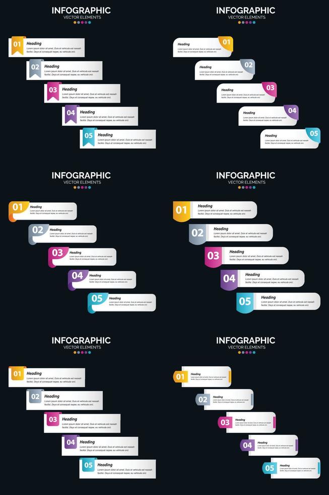 plantilla de diapositiva de presentación del paquete de infografías vectoriales 6 diagramas de ciclo de 5 pasos y líneas de tiempo vector