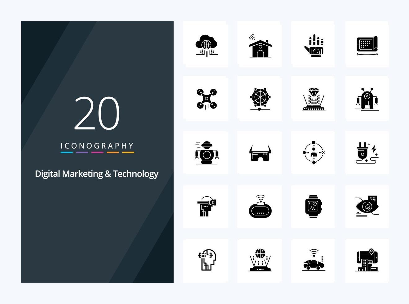 20 Digital Marketing And Technology Solid Glyph icon for presentation vector