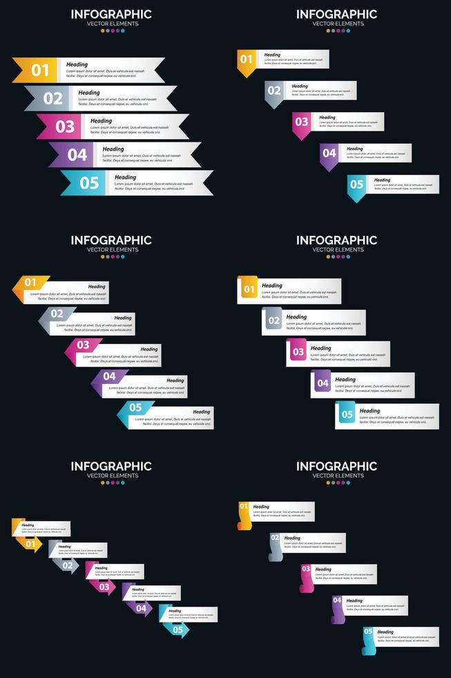 plantilla de diapositiva de presentación del paquete de infografías vectoriales 6 diagramas de ciclo de 5 pasos y líneas de tiempo vector