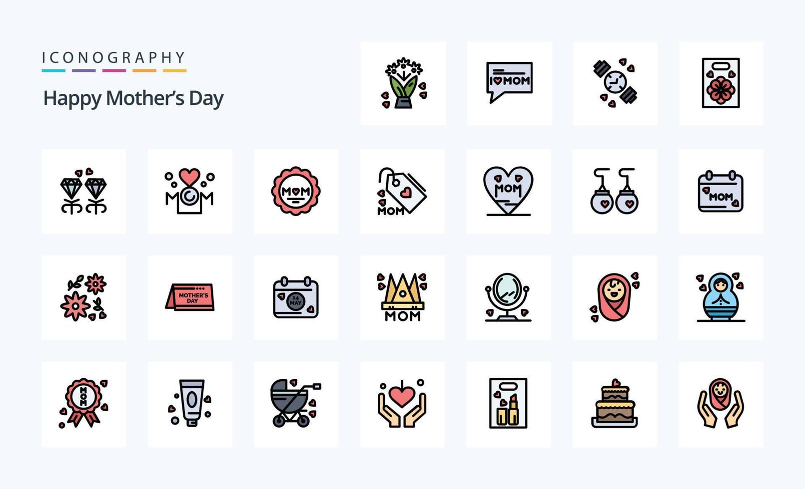 paquete de iconos de estilo lleno de línea de 25 feliz día de la madre vector
