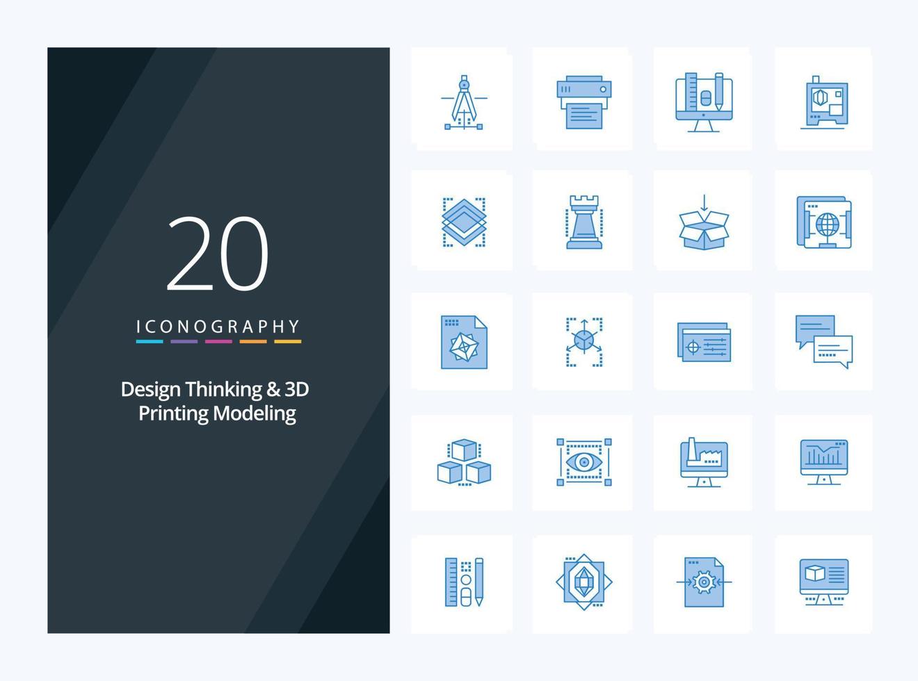 20 pensamiento de diseño y modelado de impresión d icono de color azul para presentación vector