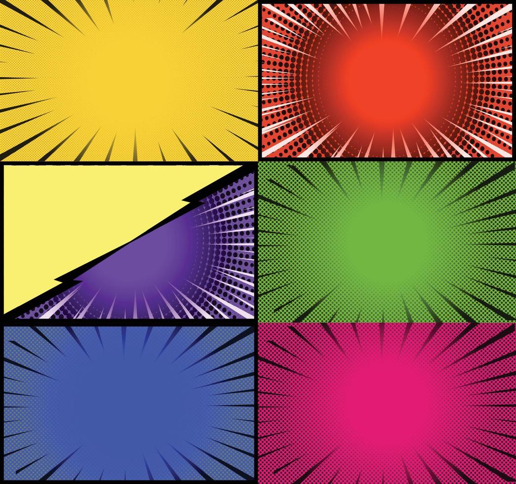 Comic book colorful frames background with halftone rays radial and dotted effects pop art style vector