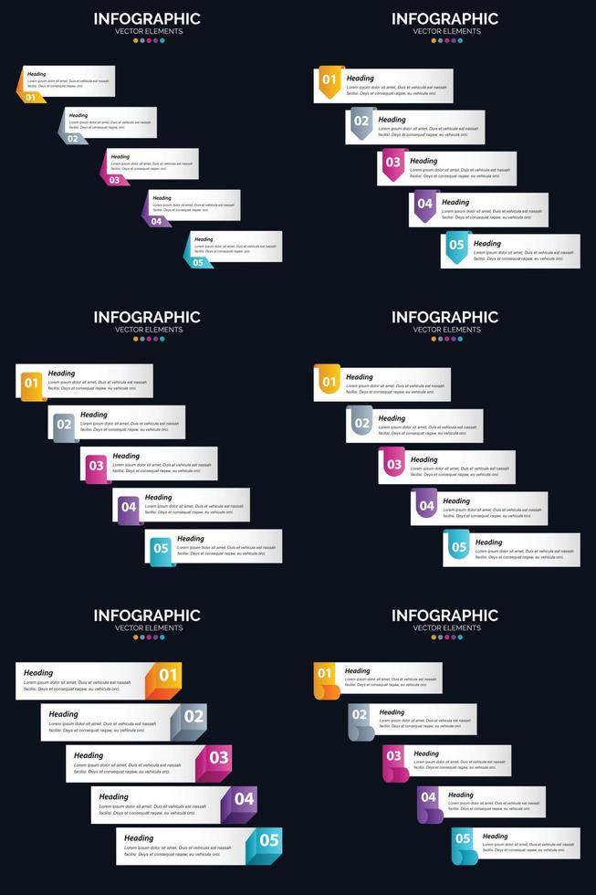 plantilla de diapositiva de presentación del paquete de infografías vectoriales 6 diagramas de ciclo de 5 pasos y líneas de tiempo vector