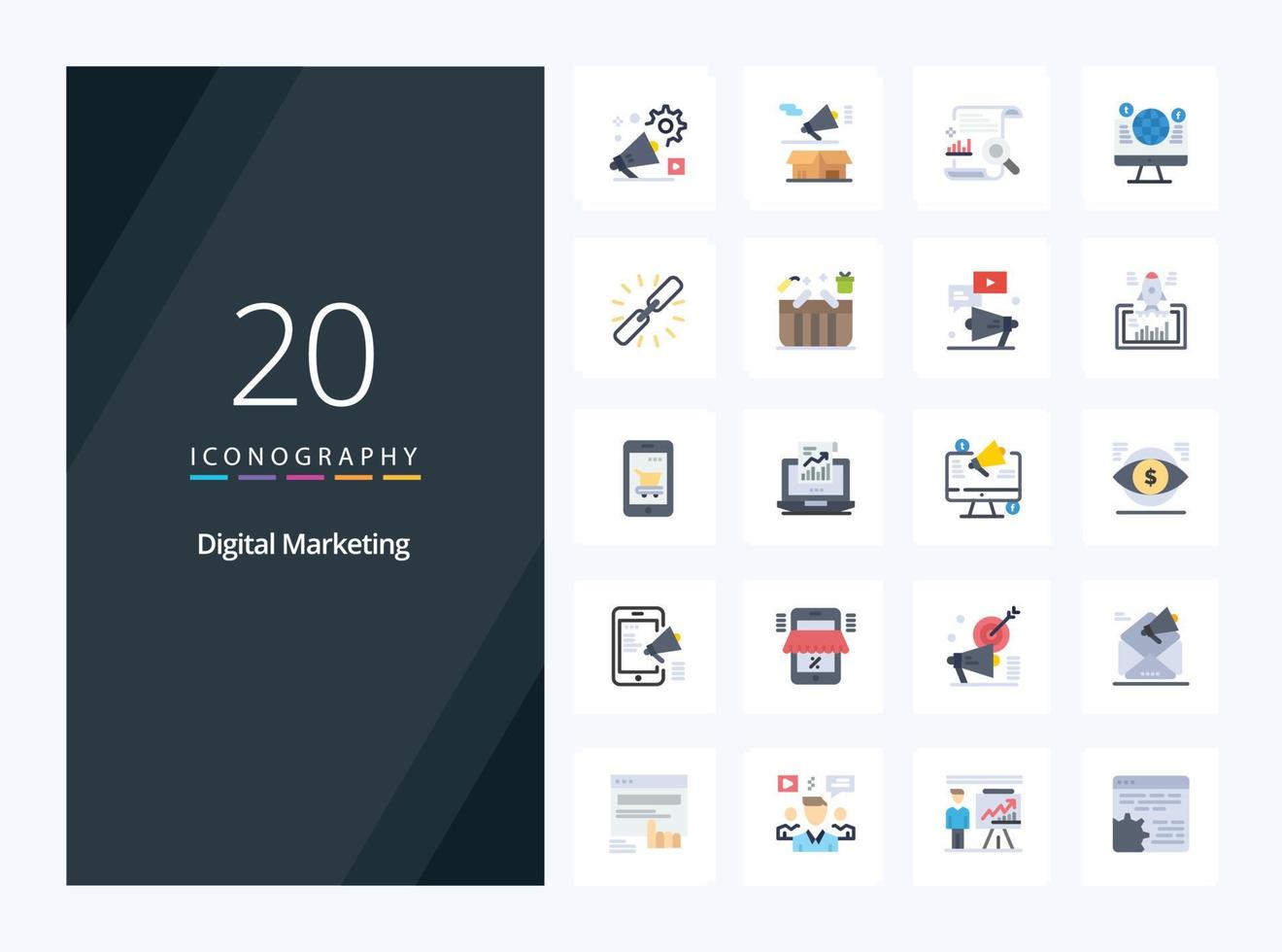 20 Digital Marketing Flat Color icon for presentation vector