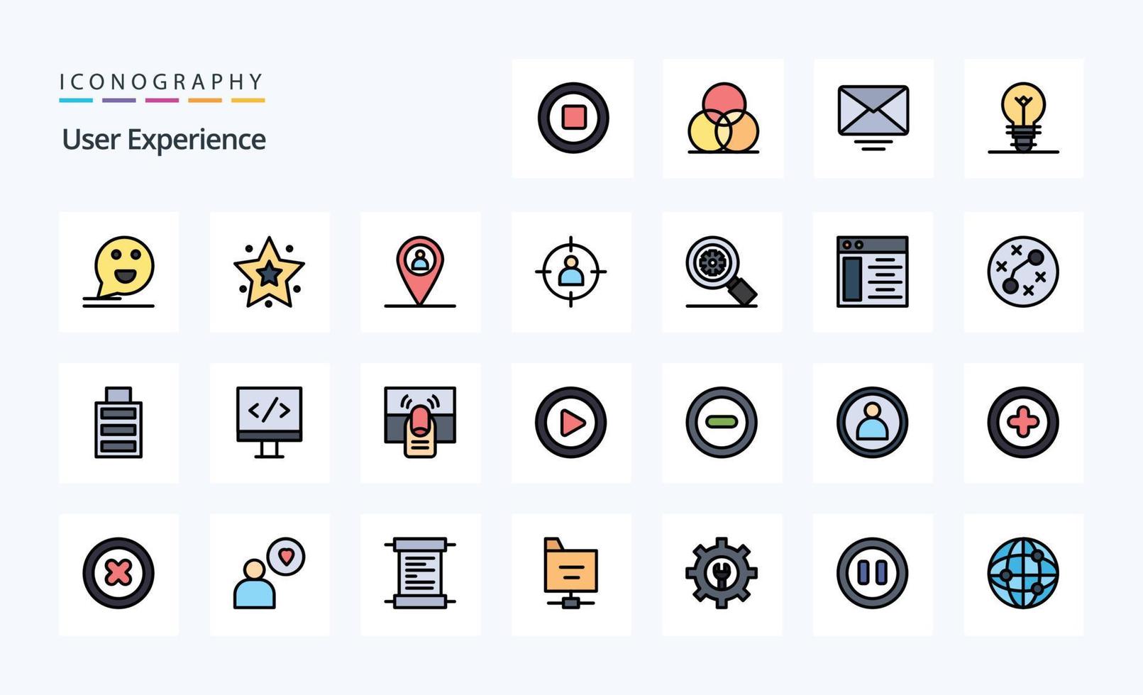 paquete de iconos de estilo lleno de línea de experiencia de usuario de 25 vector