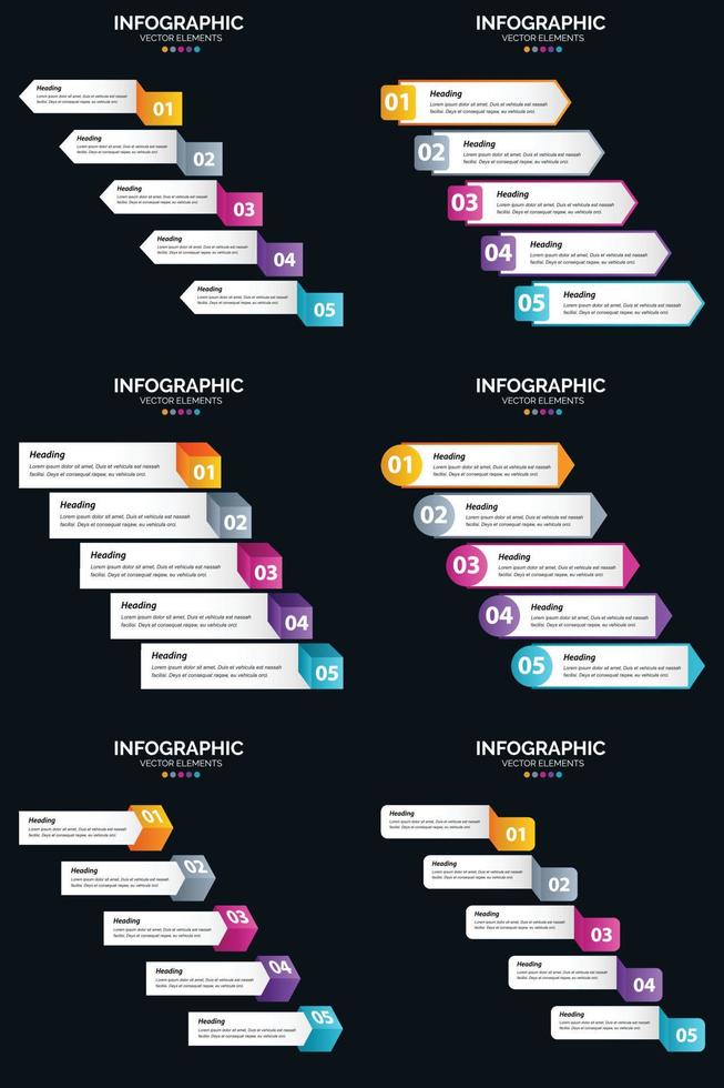 plantilla de diapositiva de presentación del paquete de infografías vectoriales 6 diagramas de ciclo de 5 pasos y líneas de tiempo vector