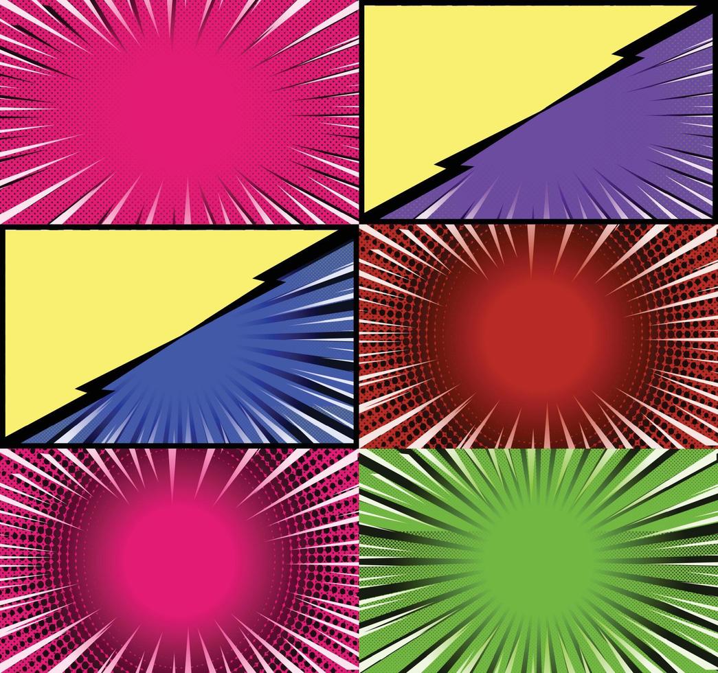 Comic book colorful frames background with halftone rays radial and dotted effects pop art style vector