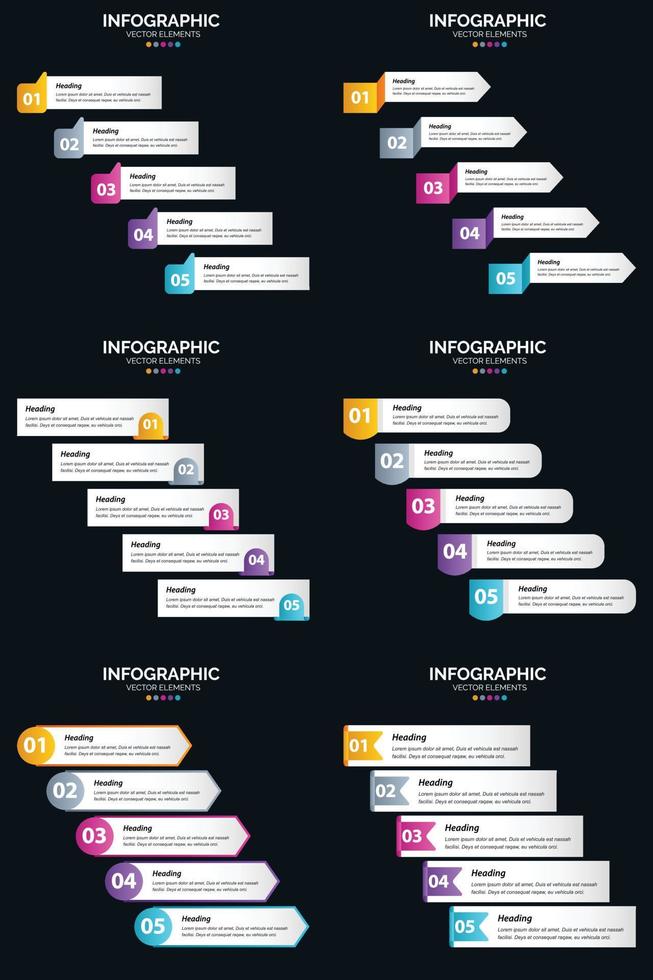 plantilla de diapositiva de presentación del paquete de infografías vectoriales 6 diagramas de ciclo de 5 pasos y líneas de tiempo vector