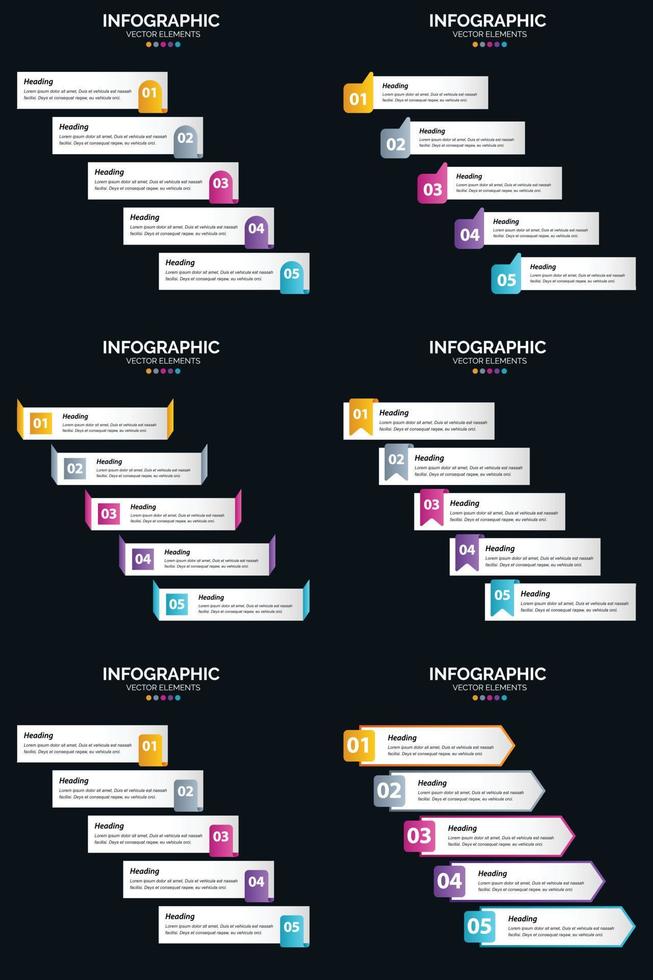 plantilla de diapositiva de presentación del paquete de infografías vectoriales 6 diagramas de ciclo de 5 pasos y líneas de tiempo vector