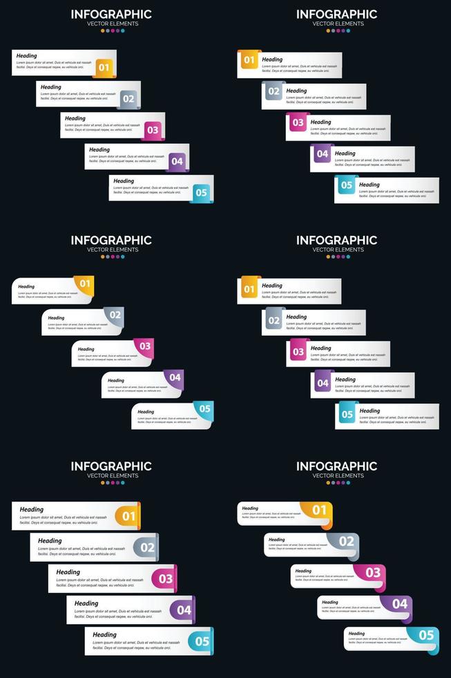 plantilla de diapositiva de presentación del paquete de infografías vectoriales 6 diagramas de ciclo de 5 pasos y líneas de tiempo vector