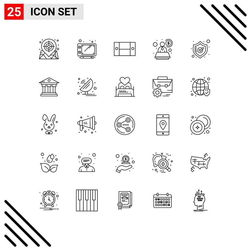 25 User Interface Line Pack of modern Signs and Symbols of bank shield desk safety consultant Editable Vector Design Elements