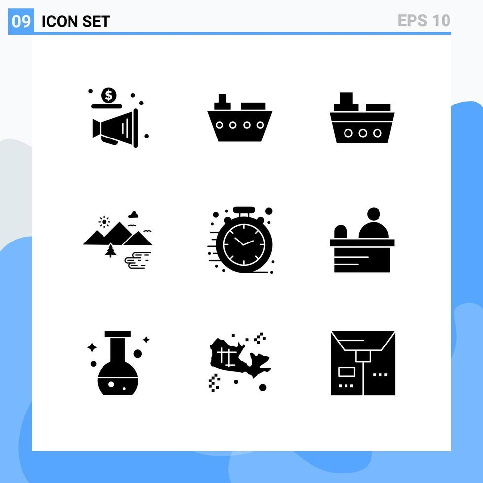 Mobile Interface Solid Glyph Set of 9 Pictograms of cashier clock mountains business sun Editable Vector Design Elements