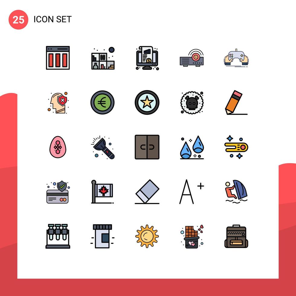 Pictogram Set of 25 Simple Filled line Flat Colors of game machine dashboard projector money Editable Vector Design Elements