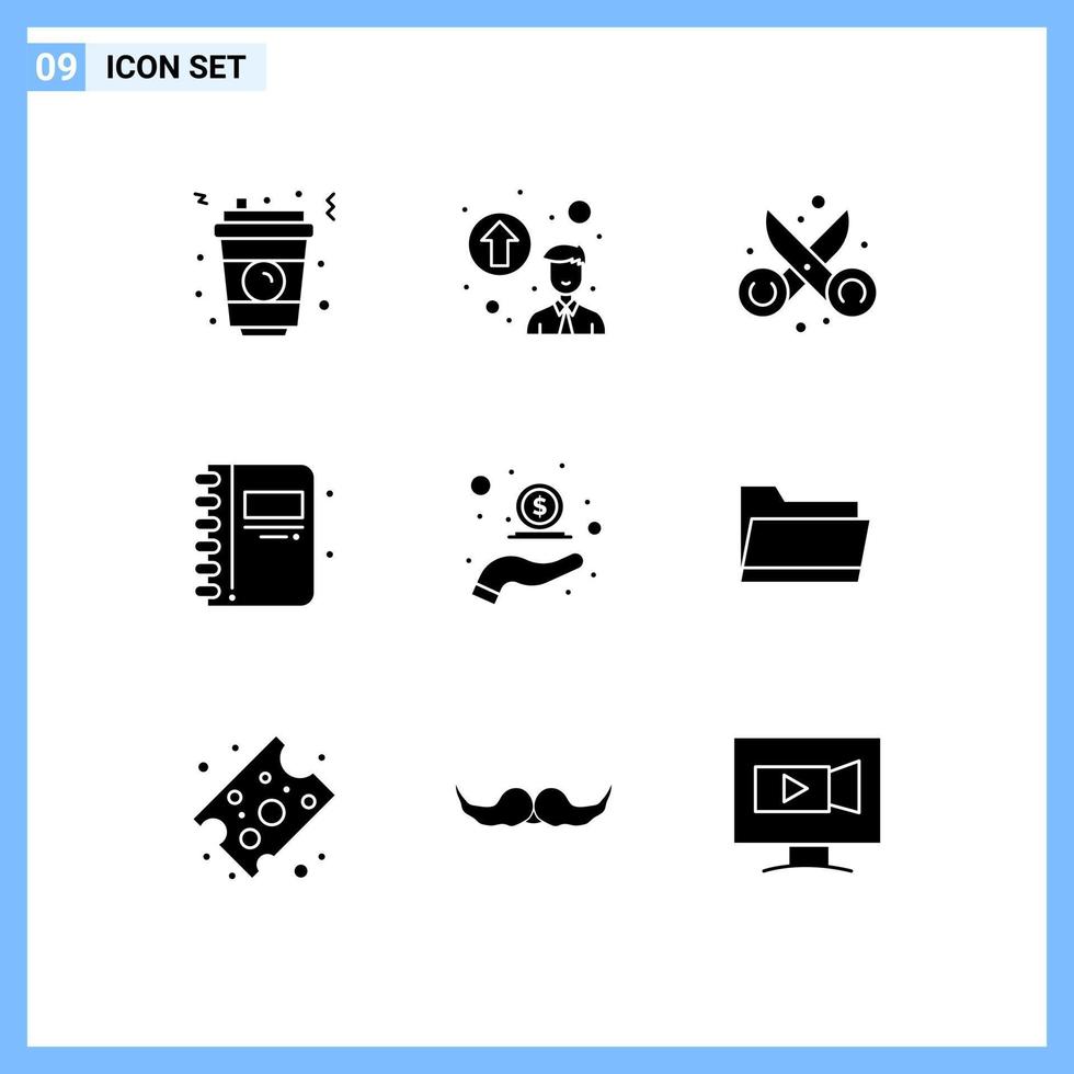 Universal Icon Symbols Group of 9 Modern Solid Glyphs of cash back open book cut education back to school Editable Vector Design Elements