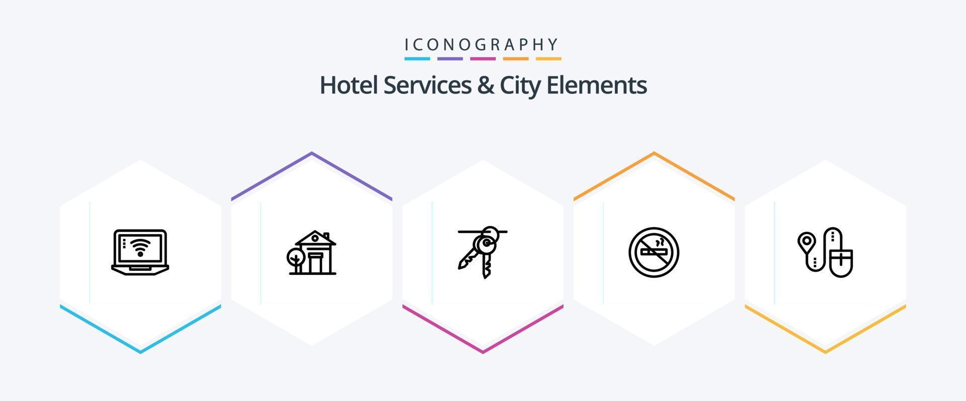 servicios de hotel y elementos de la ciudad paquete de iconos de 25 líneas que incluye la ubicación. hotel. hotel. no. No Fumar vector