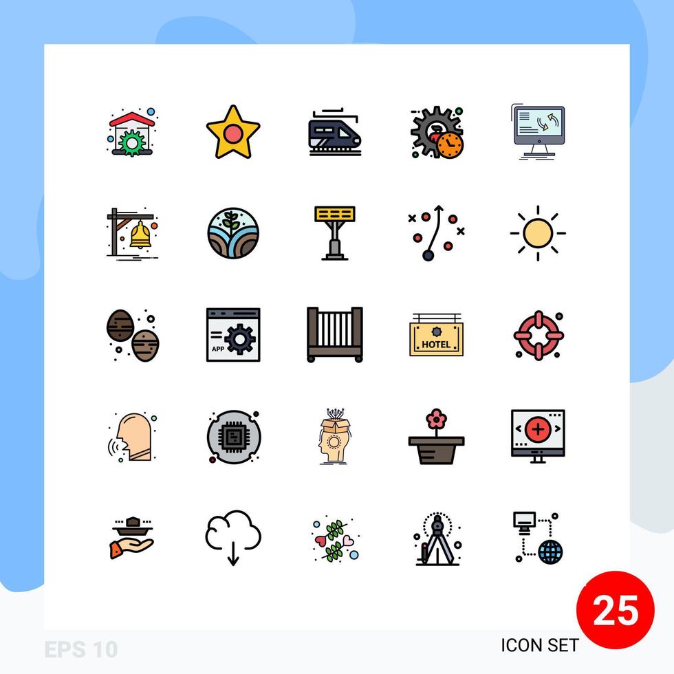Filled line Flat Color Pack of 25 Universal Symbols of sync time train product executive Editable Vector Design Elements
