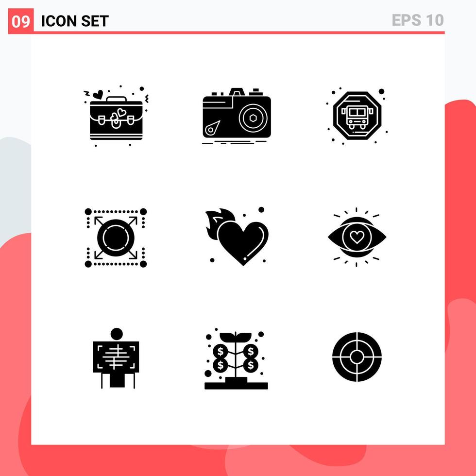 9 Creative Icons Modern Signs and Symbols of heart fire aperture pack target Editable Vector Design Elements